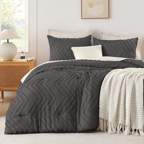 Dark Grey Twin/Twin XL Comforter Set, Twin Bed Comforter for College Dorm Girls Boys Kids Boho Soft Warm Cute Comforter, 2 Pieces Aesthetic Chevron Bohemian Bedding Set