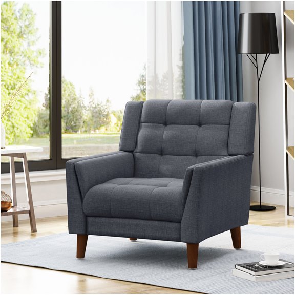 Dark Grey Upholstered Modern Armchair with Tufted Back and Flared Arms