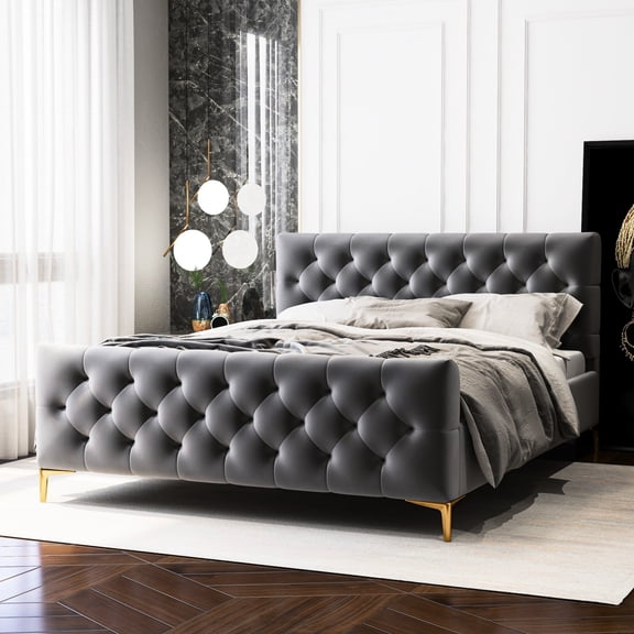 Dark Grey Velvet Platform Queen Bed - With Mid-century Flared Legs And Support Style Upholstery System