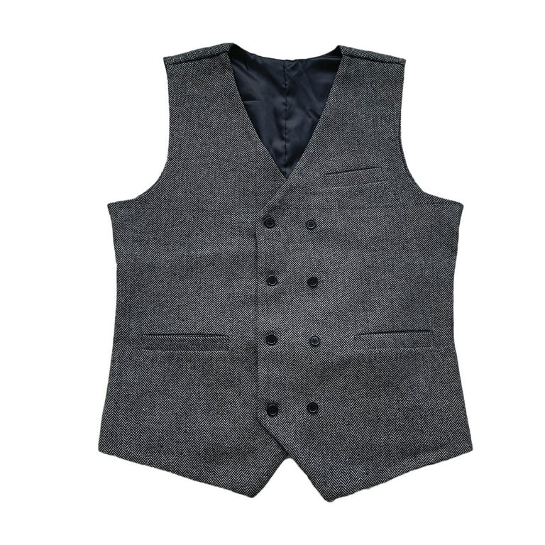 Dark Grey Wedding Vests for Groomsmen Herringbone Tweed Formal