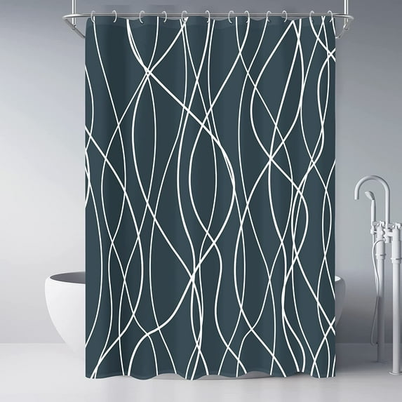 Dark Grey and White Striped Wavy Line Fabric Shower Curtain for Bathroom with 12 Hooks, Extra Long Shower Curtains for Bathroom 84 Inches Long, Weighted Hem,Waterproof Bath Accessories