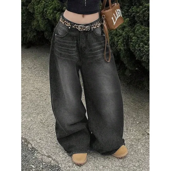 Dark Grey Wide-Leg High-Rise Loose Fit Denim Jeans For Women