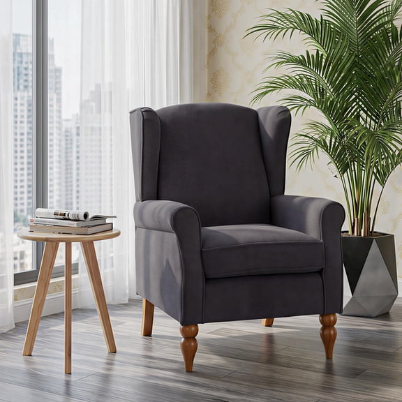 Dark Grey Wingback Accent Armchair With Wood Legs And Side Table Set