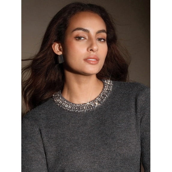 Dark Grey Women Sweater With Crystal Rhinestone Collar, Elegant Long