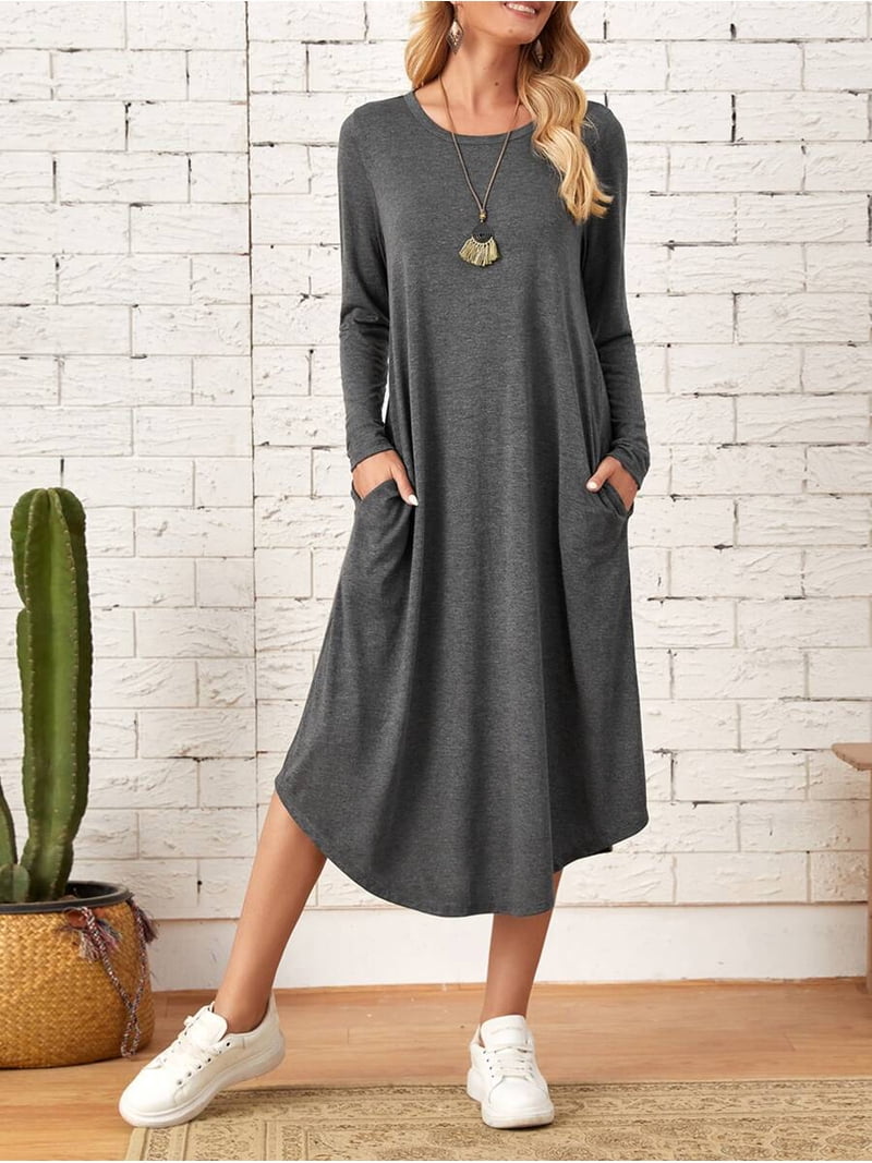 dark grey midi dress Dark Grey Womens Knit Midi Dress With Slanted Pockets And Curved Hem