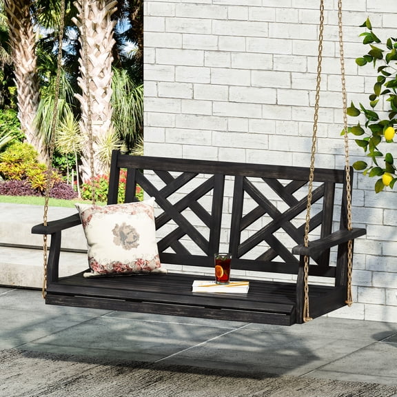 Dark Grey Wood Porch Swing, Classic Style, 25.35”w X 22.27”h, Assembly Required Breathable Seat Design, 22.27”h