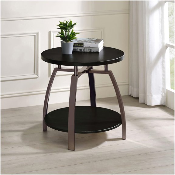 Dark Grey and Black Nickel End Table with Round Top and Lower Shelf, Modern Sofa Side Table for Living Room, Bedroom, or Office