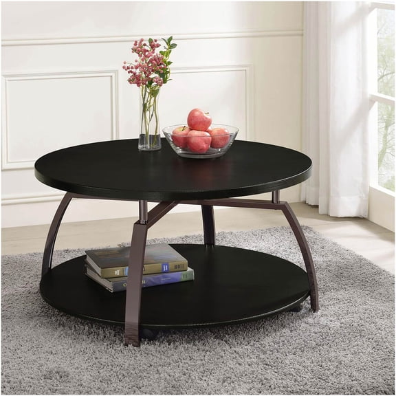 Dark Grey and Black Nickel Round Coffee Table with Bottom Shelf and Casters