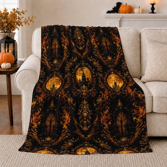 Dark Halloween Forest with Pumpkins Moons and Gothic Scrolls, Spooky Vintage Motif for Halloween Lovers, Halloween Gift, Cozy Flannel Blanket for Family Room and Cabin, Gothic Home Decor