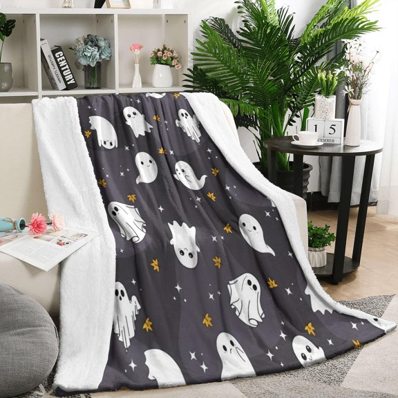 Dark Halloween Ghosts with Stars Blanket,Comfortable Soft Flannel Throw Blanket,All Season,Warm Lightweight Blankets for Sofa Bed Couch Living Room Chair,50"x60"