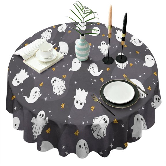 Dark Halloween Ghosts with Stars Round Tablecloth 60"x60",Wrinkle Wipeable Table Cloth for Kitchen Dining Room Picnic Patio Party