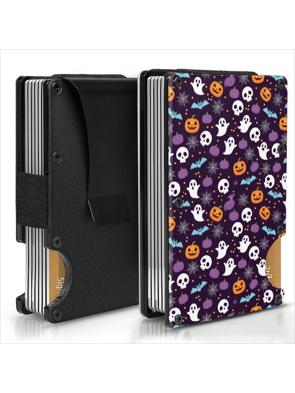 Dark Halloween Pattern Aluminum Tactical Wallet, RFID Blocking Card Holder with Money Clip & Easy Access Notch, Aluminum Construction Gifts for Birthday Christmas Thanksgiving