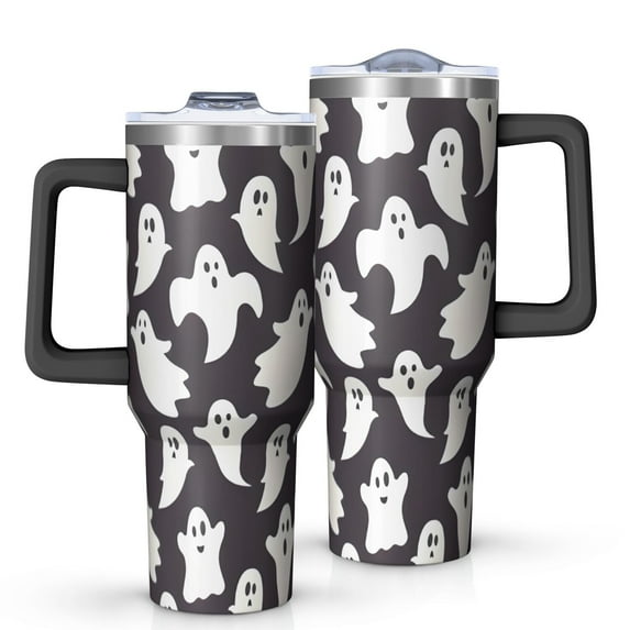 Dark Halloween White Ghosts Tumbler with Handle and Lid,40oz Double Wall Vacuum Insulated Tumbler,Cups Gift for Women and Men