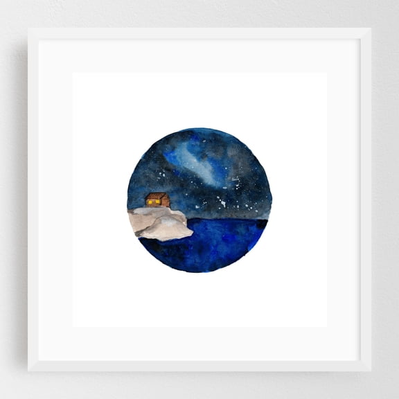Dark Haven - Painting Watercolor Night Sky Stars Ocean Landscape Coastal White Framed Wall Art Print 16 x 16 inches