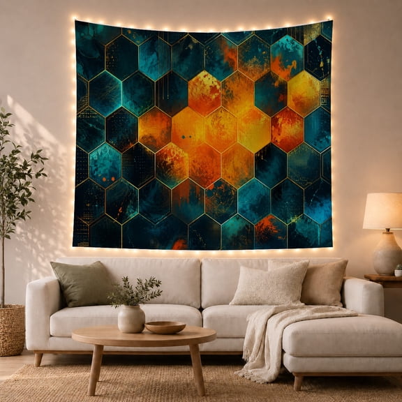 Dark Honeycomb Grid with Amber Center Band, Moody Abstract Style for Abstract Art Fans, Geometric Wall Decor Housewarming Gift, Tapestry Wall Hanging for Bedroom and Office