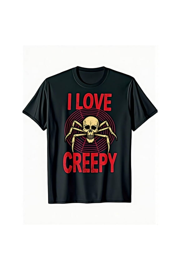 Dark Humor Slogan Tee. Features “I LOVE CREEPY + Skull - Spider” Design. For Fans Of Gothic & Odd Vibes.