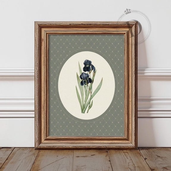 Dark Iris Oval Wall Art Botanical Iris Print Victorian Living Room Decor Home Decor Office Wall Art
