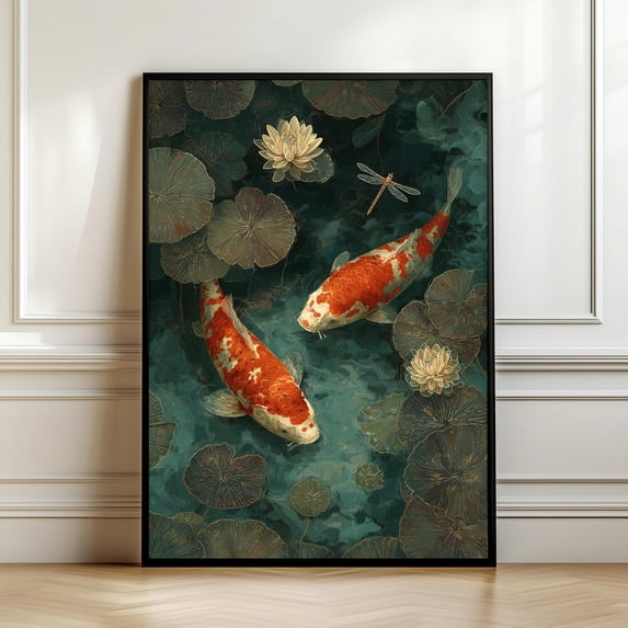 Dark Japanese Koi Fish Pond Poster, Night Zen Lotus Illustration ...