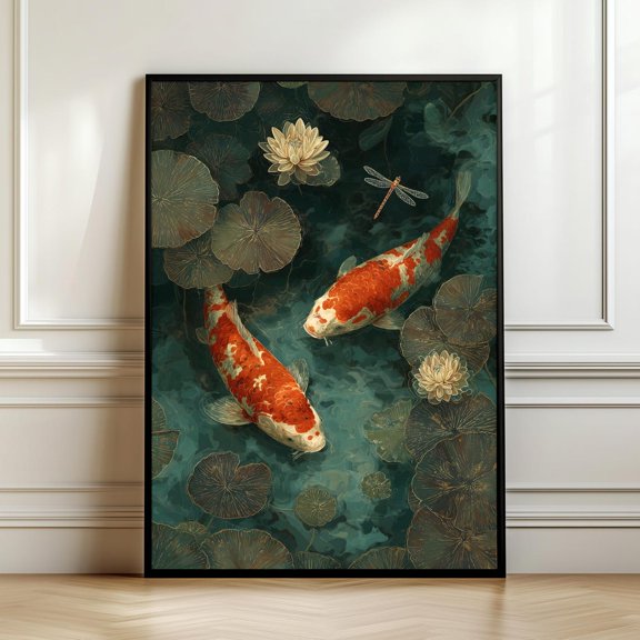 Dark Japanese Koi Pond Art Night Zen Lotus Illustration Gold Accent Asian Wall Decor Elegant Koi Fish Luxury Print