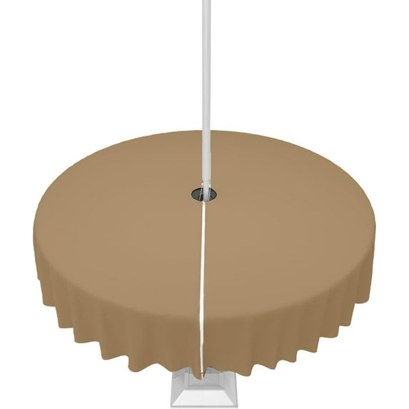 Dark Khaki Outdoor Tablecloth with Umbrella Hole and Zipper, Solid Color Table Cover for Round Tables Waterproof Tabletop Collection for Patio, Garden, Picnic, Camping 60R