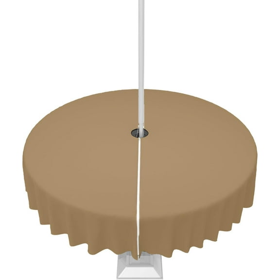 Dark Khaki Outdoor Tablecloth with Umbrella Hole and Zipper, Solid Color Table Cover for Round Tables Waterproof Tabletop Collection for Patio, Garden, Picnic, Camping 60R