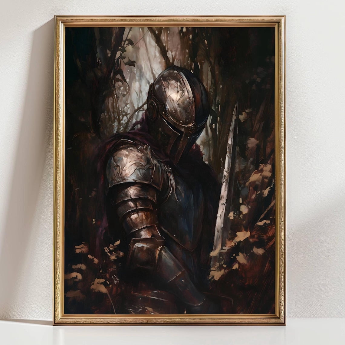 Dark Knight In Forest Art Print, Medieval Warrior Wall Decor, Gothic ...