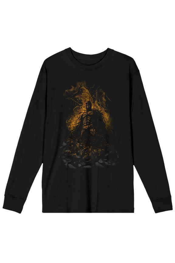 Dark Knight Trilogy Batman in Flames Men's Black Long Sleeve Shirt-Medium