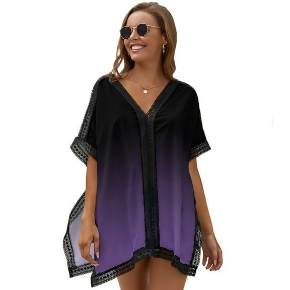 Dark Lavender Faded Black Printed Women's Swimsuit Cover Up Summer Swimsuit Dress