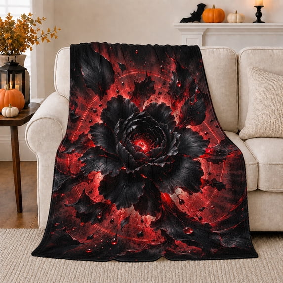 Dark Layered Flower Against Radiating Crimson Light, Cozy Flannel Blanket with Dramatic Floral Fantasy Print, Housewarming Gift for Dark Fantasy Florals, Home Decor for Bedroom and Living Room