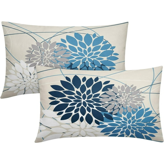 Dark Light Blue Floral Pillow Covers 12x20 Inch Dahlia Flower Lumbar Throw Pillows Farmhouse Outdoor Decor for Home Living Room Sofa Bed Modern Elegant Linen Rectangle Cushion Case, Set of 2