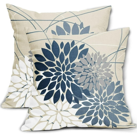 Dark Light Blue Pillow Covers 16x16 Dahlia Flower White Gray Elegant Colored Throw Pillows Farmhouse Outdoor Decor for Home Living Room Sofa Bed Modern Floral Linen Square Cushion Case, Set of 2