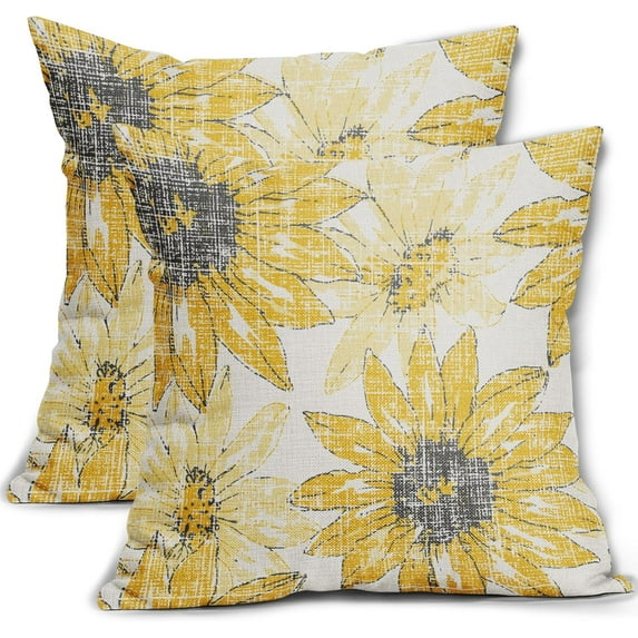 Dark Light Yellow Pillow Covers 18x18 Set of 2 Retro Sunflower Flowers Print Decorative Throw Pillows Outdoor Modern Art Floral Pillowcase Square Linen Cushion Case for Home Sofa Couch Bed