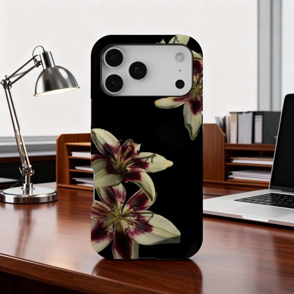 Dark Lily Floral Tough Phone Case, Moody Botanical Flower Design, Dual-Layer Protective Cover Compatible with iPhone 17 Pro