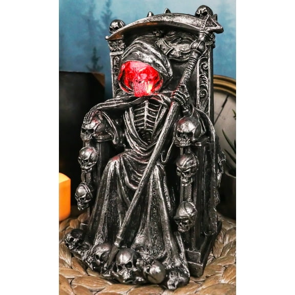 Dark Lord Grim Reaper Skeleton On Throne With LED Light Ghastly Face Figurine