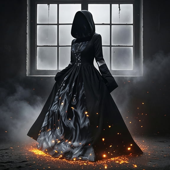 Dark Mage Hooded Robe for Women Halloween Witch Costume with Flared Sleeves & Fitted Bodice, Gothic Stage Performance Gown for Cosplay Party Black L