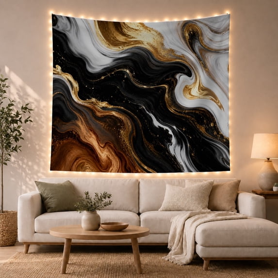 Dark Marble Ribbon Across White and Gold Swirls, Moody Abstract for Art Lovers, Stone Inspired Decor, Housewarming Gift, Tapestry Wall Hanging for Living Room and Studio