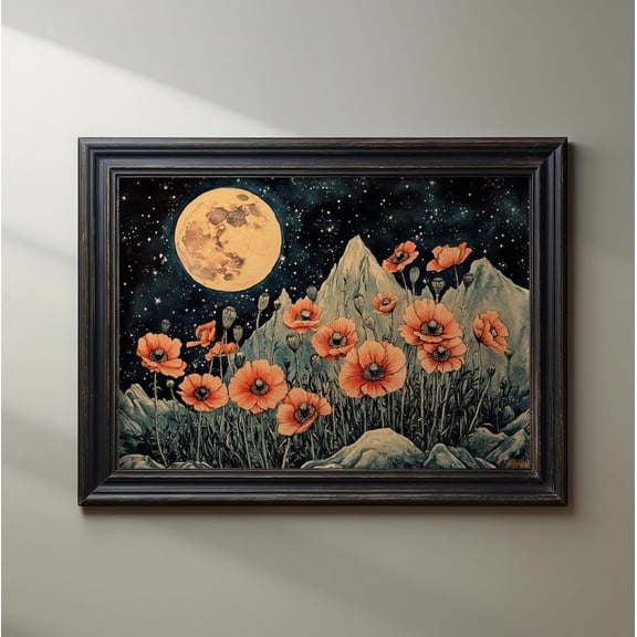 Dark Maximalist Poppy Flower Printable Wall Art Celestial Wildflower Wall Decor Vintage Floral Oil Painting Aesthetic Eclectic Print, Unframed Canvas Size 24x36