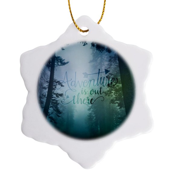 3drose, Dark Misty Forest and Typography Adventure Is Out There, 3 inch Snowflake Porcelain Ornament
