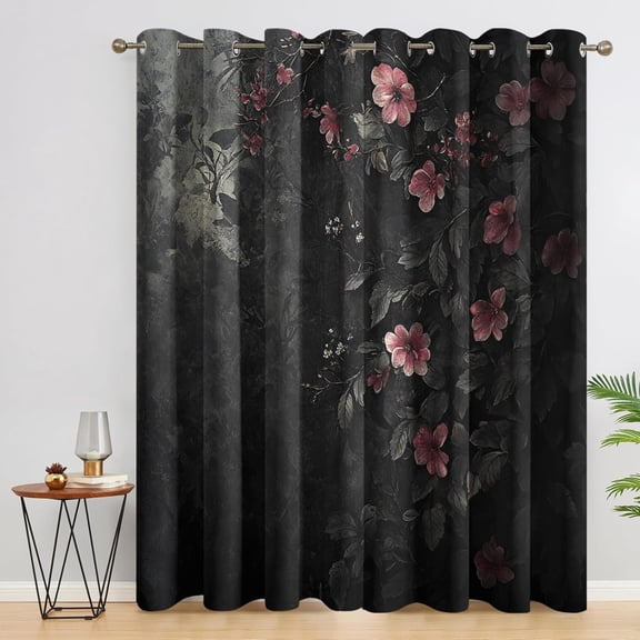 Dark Moody Blackout Curtains, Floral Curtains For Bedroom Living Room - Gothic Flower Decor Window Curtains 21"W x 45"L (Pack of 2)