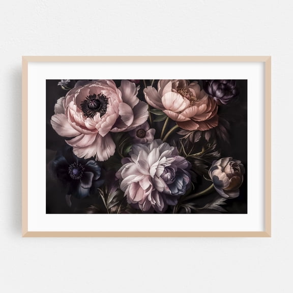 Dark Moody Floral Baroque Smoke Pink - Painting Floral Flowers Botanical Vintage Modern Art Pastel Nature Oak Framed Wall Art Print 12 x 18 inches