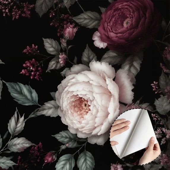 Dark Moody Peony Floral Wallpaper, Vintage Gothic Floral peel and stick wallpaper, waterproof, Home Decor for Bedroom, Living Room, Bathroom, Kitchen Cabinet, Dorm Room [17.7 * 118 in]