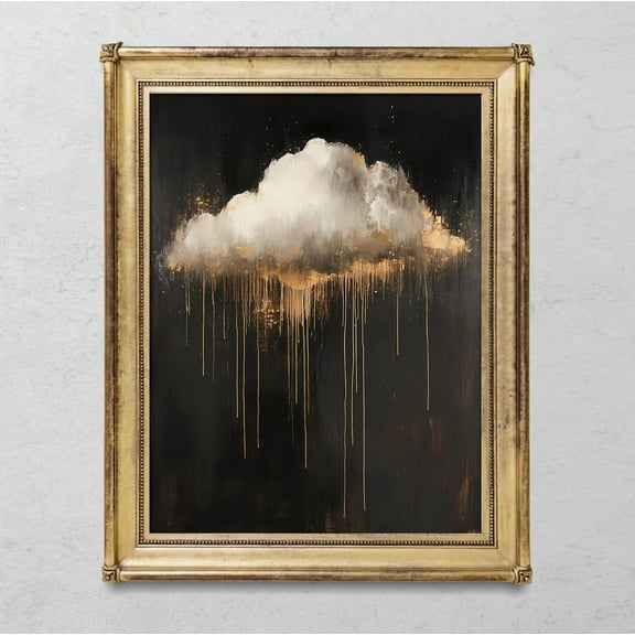 Dark Moody Rain Cloud Print, Black Gold Artwork, Stormy Cloud Painting, Minimalist Dark Academia Art, Large Room Wall Art, Modern Wall Decor, 8x12 UNFRAMED