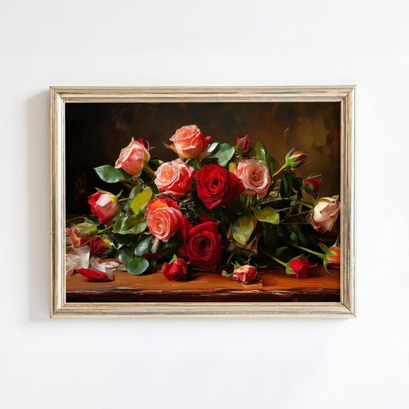 Dark Moody Roses Oil Painting | Vintage Valentines Day Wall Art | Academia Floral Print | Red Rose Oil Painting 24x36 Unframed Poster