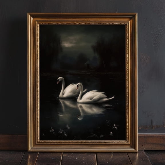 Dark Moody Swans Dark Academia Gothic Moody Dark Cottagecore Painting Gothic Home Wall Art Unframed Paper Print