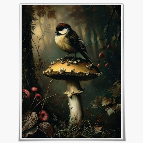 Dark Moody Wall Art Small Bird Perched on a Botanical Mushroom Poster Print Forestcore Dark Academia Room Decor Aesthetic Retro Cottagecore Artwork Painting for Living Room Unframed8x10inch