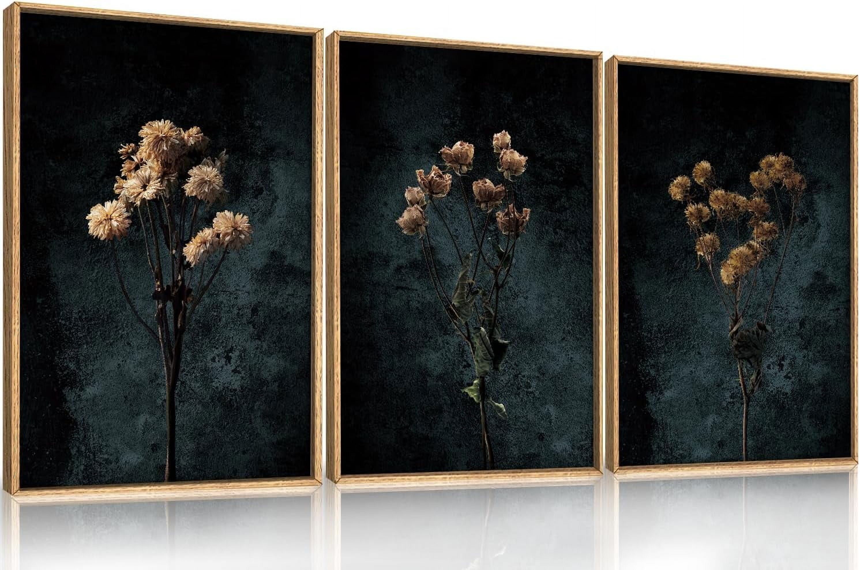 Dark Moody Wildflowers Framed Canvas Wall Art Set,Minimalist Wildflower ...