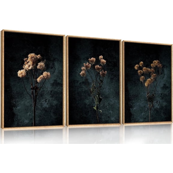 Dark Moody Wildflowers Framed Canvas Wall Art Set,Minimalist Wildflower Wall Decor,Vintage Black Flower Botanical Painting, Aesthetic Floral Artwork for Living Room,Bedroom,Office-16''x24''x3