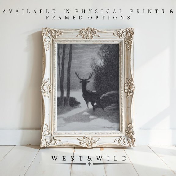Dark Moody Winter Winter Art Deer In Forest Wall Arts Winter Landscape Artwork 19Th Century Classic Art, Unframed Paper Print