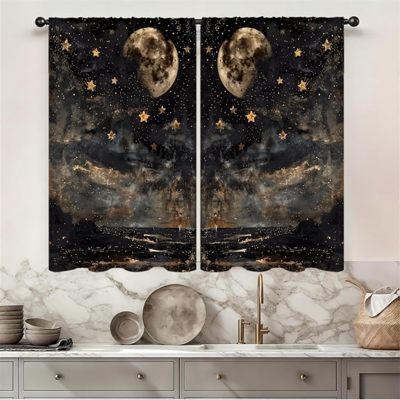 Dark Moon and Stars Kitchen Curtains 27.5W X 39L Inch 2 Panels Vintage Witchy Academia Gothic Celestial Mystical Small Short Cafe Tier Curtain Night Sky Window Drapes Treatment Bathroom Decor
