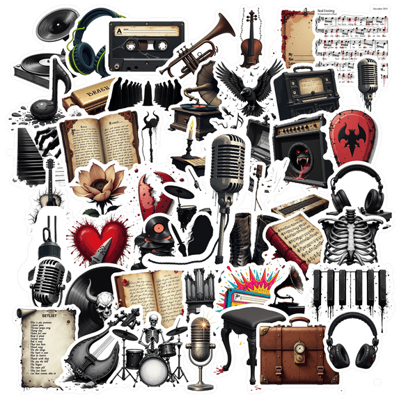 Dark Music Theme Stickers, Waterproof Music Theme Sticker for Water Bottle Laptop Phone Cases Planner Skateboard Luggage Helmet Party Favor Decor, Ideal for Adults Teens Teacher Rewards